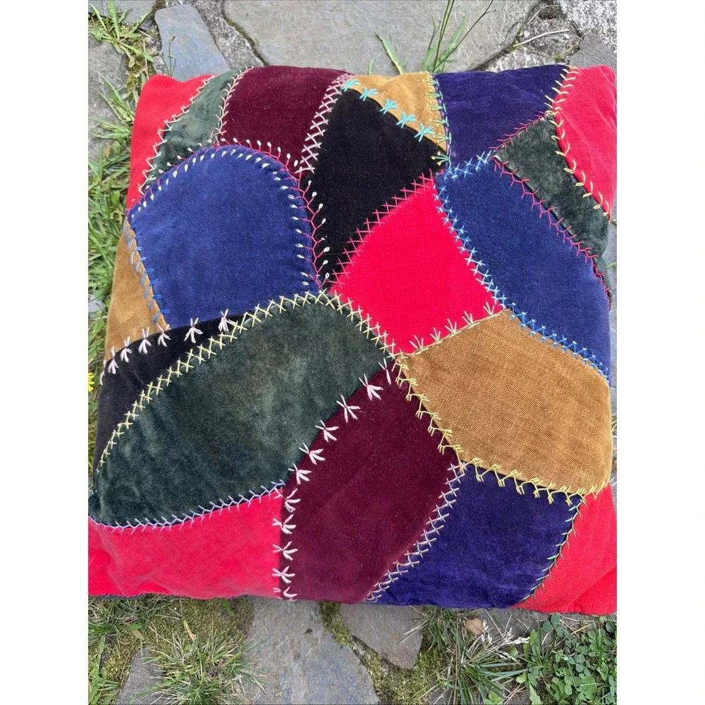 Vintage crazy quilt throw pillow made from  Scrap, green velvet back 16 x 17